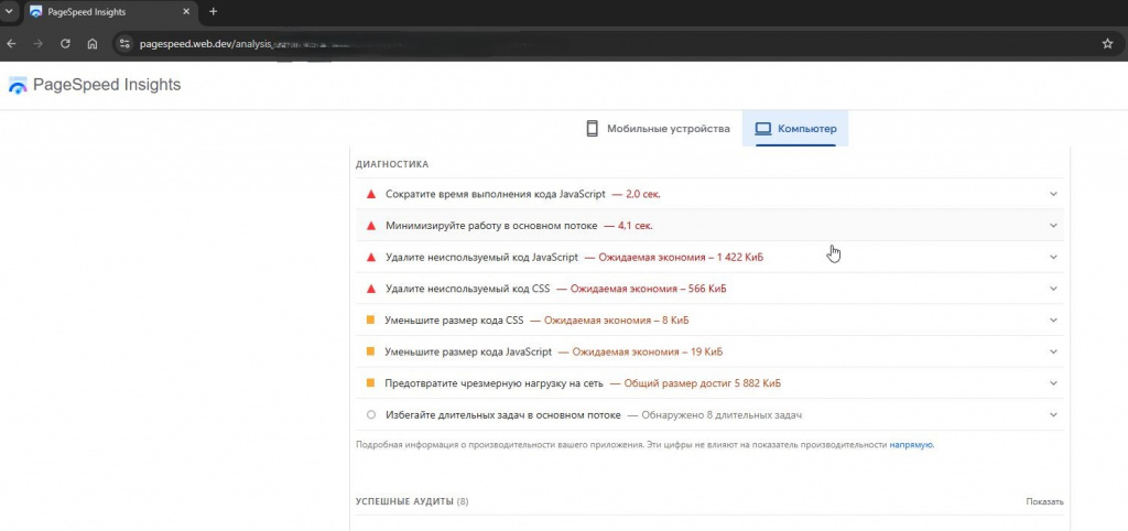 Результаты анализа PageSpeed Insights